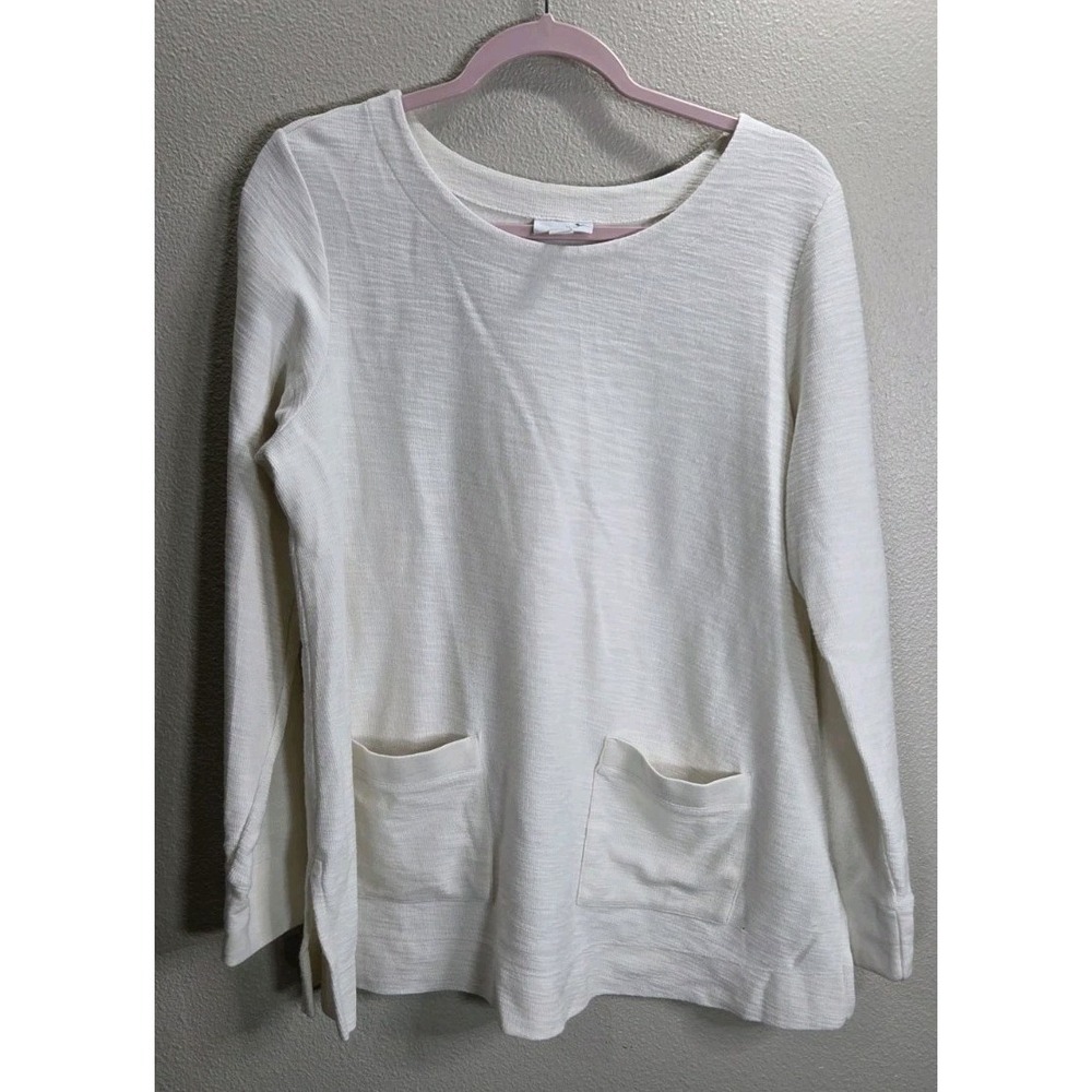 J. Jill White Textured Knit Tunic‎ Top M Petite Long Sleeve Pocket Shirt